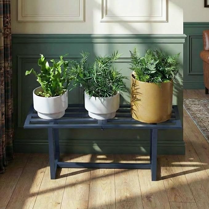 2 Pack Metal Plant Stand, Foldable Heavy Duty Indoor, Window Iron Plant Shelf - Mid Century Modern Slatted Bench for Patio, Garden, Living Room Load Bearing 330 lbs 26" L x 10.4" H x 8.6" W 1 Tier 1 Tier Grey
