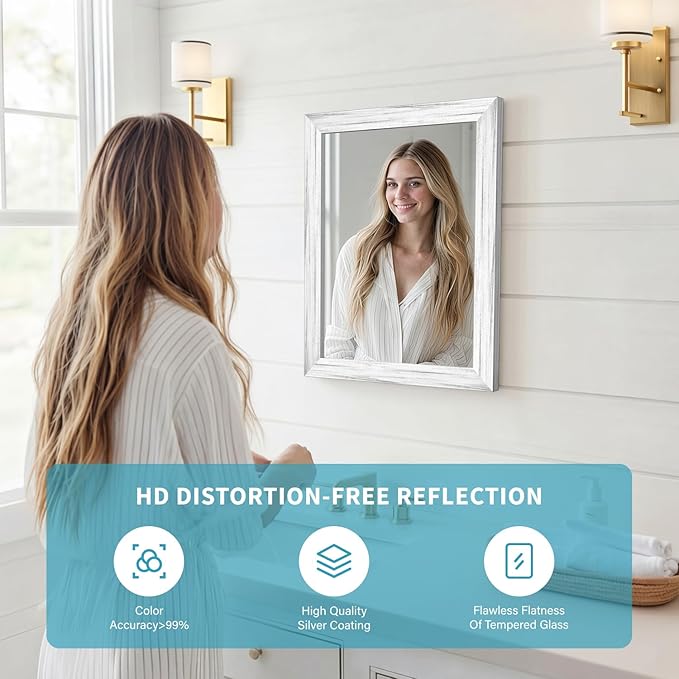 White Wood Effect Framed Wall Mirror, 16x20 Rectangle Mirror, 1/8" Anti-desilvering Tempered Glass, Sustainable& Sturdy Frame, Anti-Rust, HD Reflection &3min Fast Setup for Bathroom Living Room