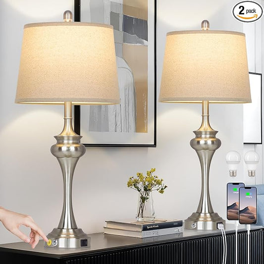Rinweey 30" Silver Table Lamps Set of 2, 3 Way Touch Control Living Room Lamp with USB A+C Ports, Modern Brushed Nickel Bedroom Lamps, Tall Metal Bedside Lamp for Nightstand Desk Side Table Office