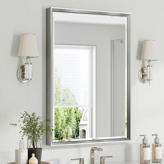 Silver Bathroom Mirror, 24x36 Inch Beveled Vanity Mirror for Wall, Anti-Rust Silver Metal Framed Rectangle Mirror (Vertical/Horizontal)