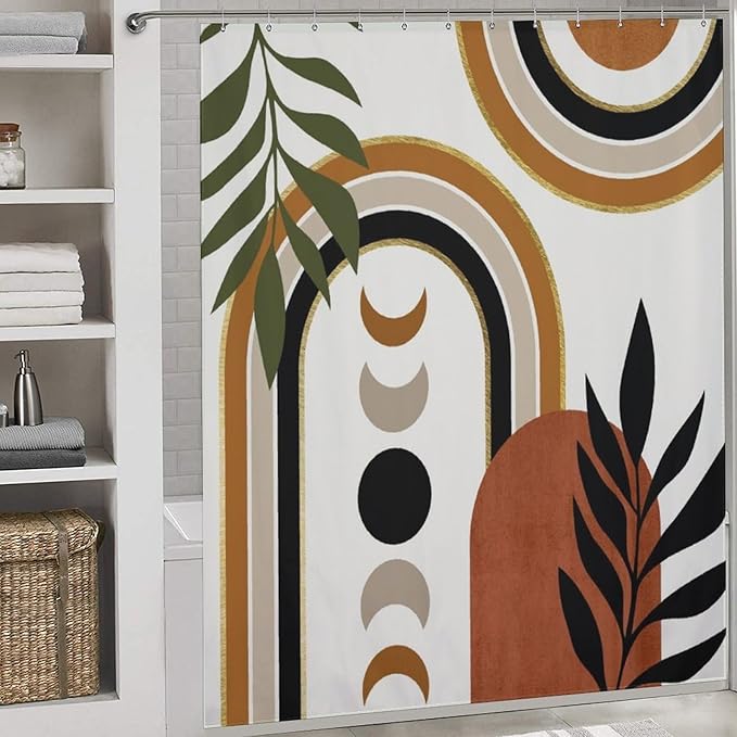 Bohemian Leaf Shower Curtain,Mid Century Abstract Tropical Plant Minimalist Modern Geometric Palm Leaf Simple Waterproof Fabric Bathroom Shower Curtain Set with Hooks,72x84Inch