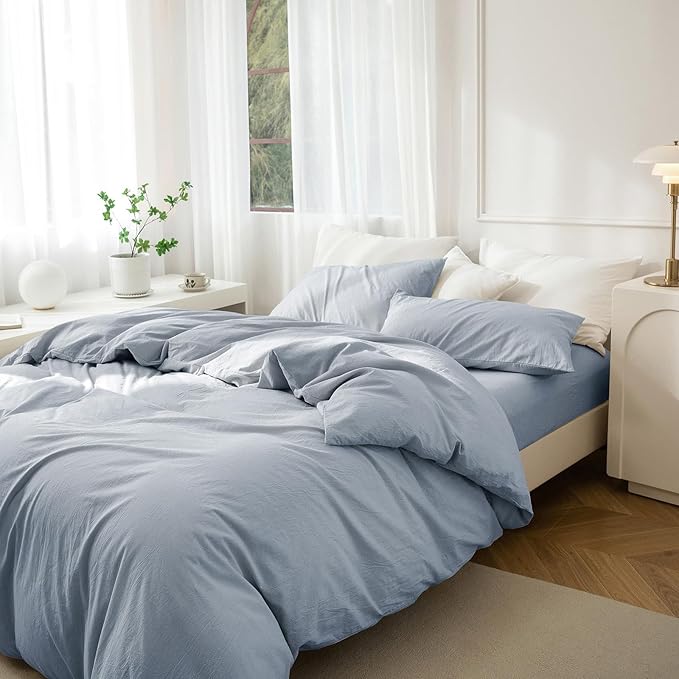 JIYUAN 100% Washed Cotton Duvet Cover Set 3 Pieces Super King, 1 Duvet Cover 108x98 Inches(Comforter Not Included) and 2 Pillowcases,Linen Feel Bedding Set Comfy and Breathable, Heathered Light Blue