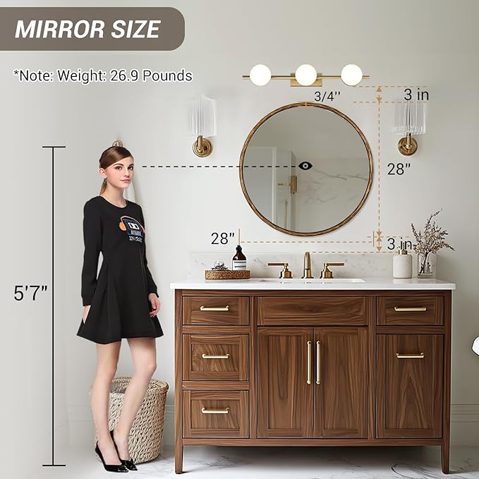 ANDY STAR 28 Inch Hand-Forged Gold Mirrors, Antique Brass Round Hammered Mirror for Bathroom Over Sink, Living Room, Entryway, Vintage, Farmhouse, Rustic, Solid Steel Frame
