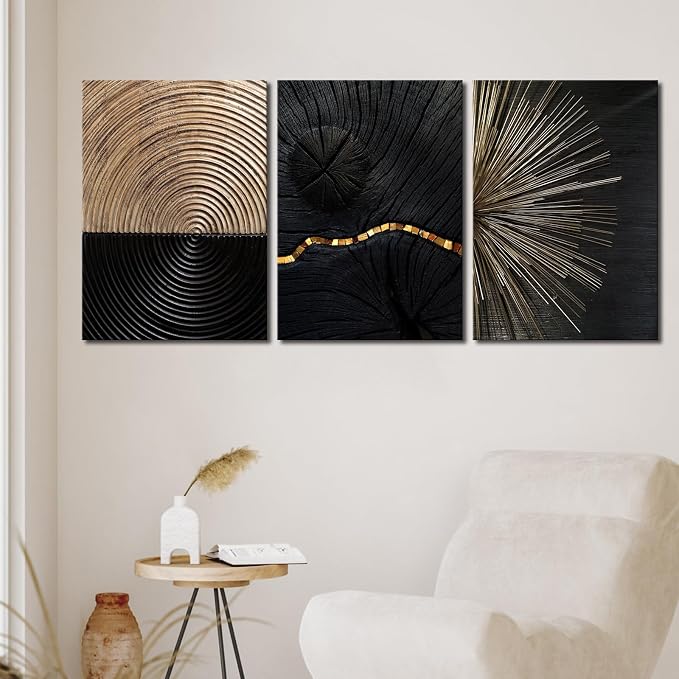 Pennimor 3Pcs Framed Retro Wood Grain Abstract Wall Art, Simple Geometric Line Wood Wall Decor, Black and Brown Modern Minimalist Artwork Printing for Bathroom Bedroom Living Room Home Office 20x28in