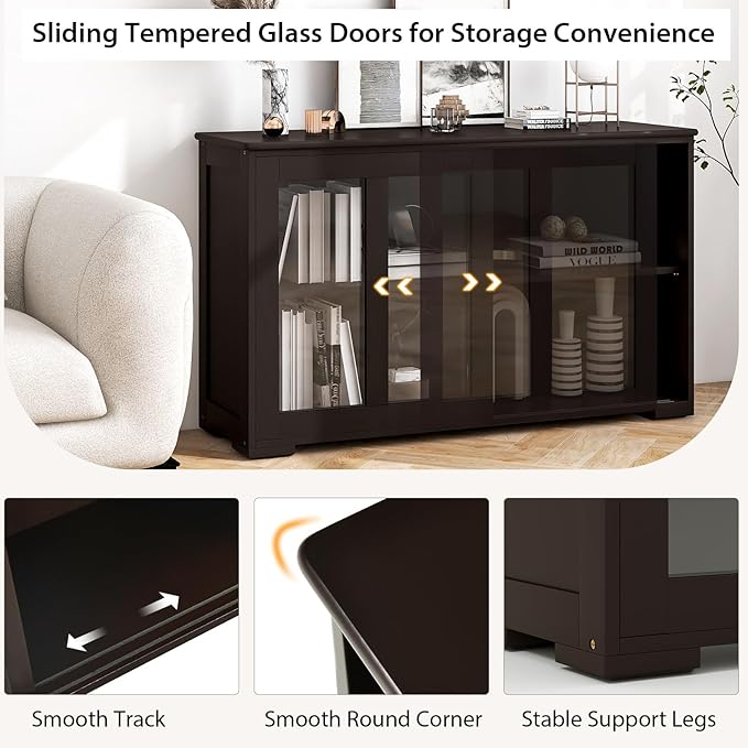 Byroce Sideboard Buffet Cabinet, Stackable Storage Coffee Bar Cabinet with Adjustable Shelf & Glass Sliding Doors, Wood Cupboard Credenza Console Table for Kitchen Dining Living Room (2, Coffee)