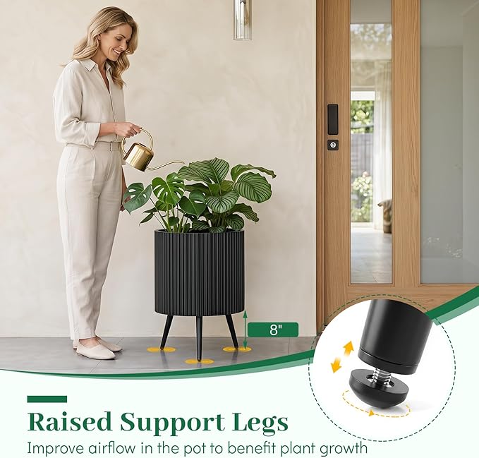 Giantex 16 inch Plant Pot with Stand Set of 2, Mid-Century Modern Fluted Planter with Built-in Drainage Holes, Metal Flower Pot with Tapered Legs for Living Room, Office, Porch, Garden