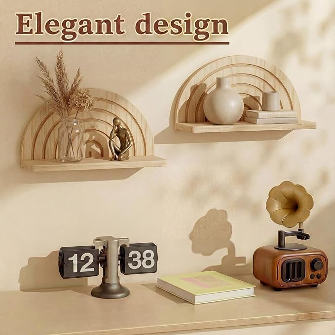 AceOrbit 2 Pcs Boho Wooden Arched Wall Shelf Mid Century Modern Shelf Hanging Plant Display Shelves Floating Half Round Rainbow Shelves for Bedroom Bathroom Hallway Balcony Decoration(Light Brown)