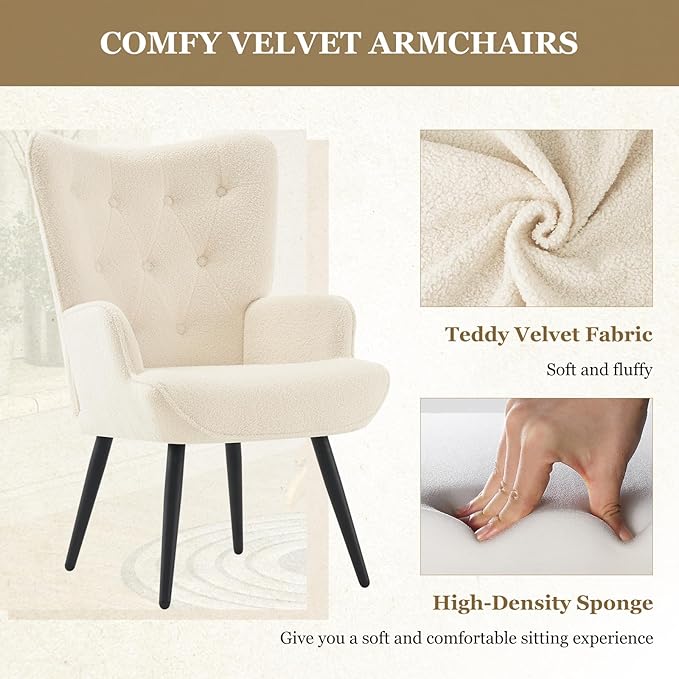 Furnimart Faux Fur White Accent Chair Mid Century Modern Living Room Chairs; Comfy Armchair Leisure Vanity Guest Wingback Chair for Office Study Vanity Bedroom Waiting Room White