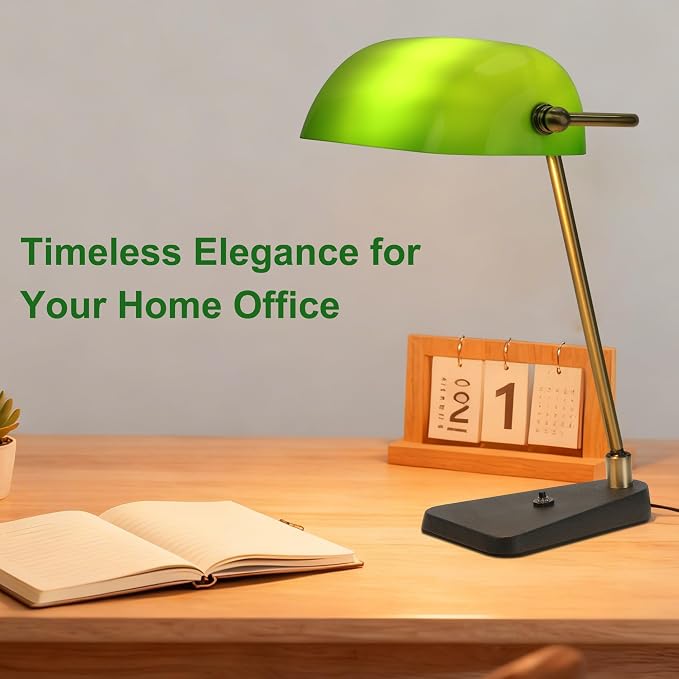 Green Bankers Desk Lamp, Antique Brass Frame & Black Base | 2.9lb Heavy Duty Cast Iron Base, 30° Swivel Head, Push Button Switch, Classic Decor for Home & Office