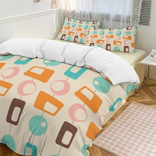 Colorful Aesthetic Comforter Cover Geometry Bed Set, Retro Atomic Duvet Cover，Modern Mid Century Bedding Sets，Aesthetic Abstract Art Bedding 3 Piece (1 Duvet Cover 79"x90" + 2 Pillow Sham 20"x30")