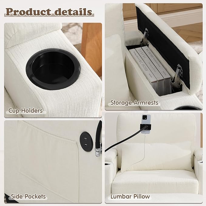 Small Chaise Lounge Chair Indoor with Ottoman&Adjustable Backrest,Chenille Tufted Recliner Comfy Sofa Chair with USB,Phone Holder&Storage Arms,Convertible Sleeper Couch Bed for Living Room(37"W,Beige)