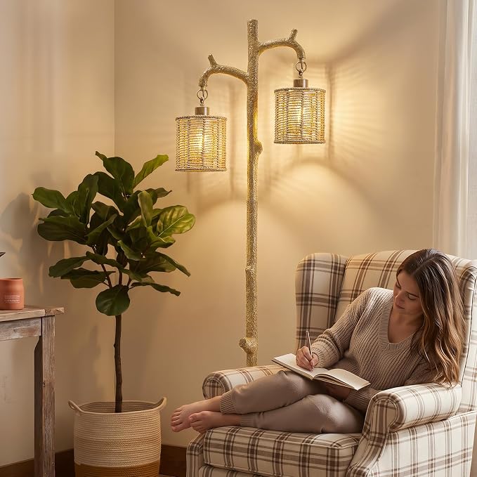 EJIAXIN Floor Lamp for Living Room - 69" Farmhouse Tree Trunk Standing Lamps - Country Resin Tall Lamp with 2 Rattan Lampshade - Rustic Floor Lamp for Bedroom Office Home Decor