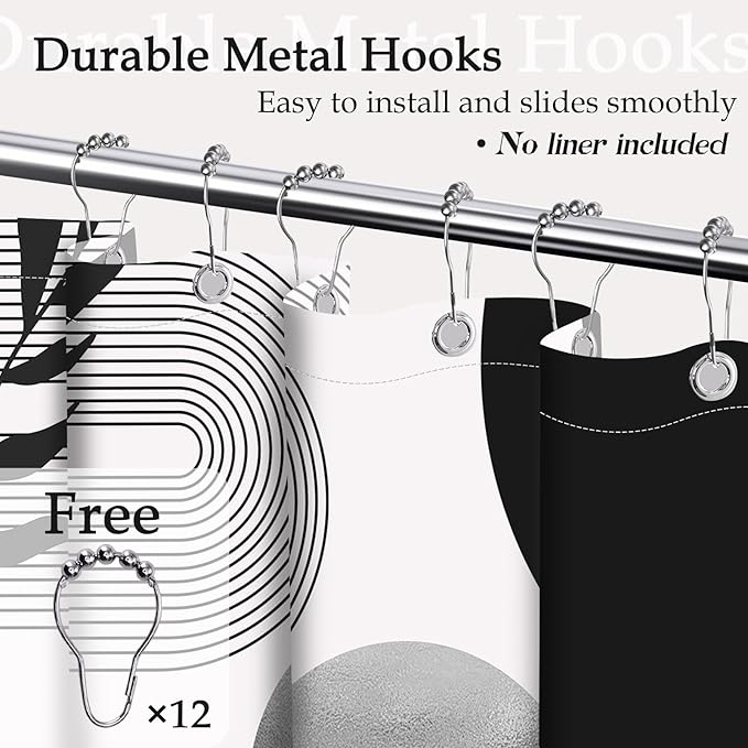 Black and Grey Shower Curtain Black White Gray Mid Century Modern Shower Curtains for Bathroom Decor Boho MCM Mens Cool Bath Curtain Set, Waterproof Fabric with Hooks 60 x 72 Inch