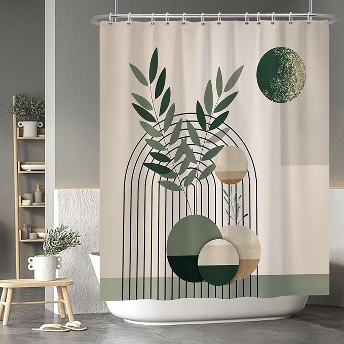 Baocicoo Mid Century Bohemia Green Moon Leaves Shower Curtain for Bathroom - Geometric Aesthetic Bathtub Decor - Polyester Durable Shower Curtain with Hooks - 60x72 Inches