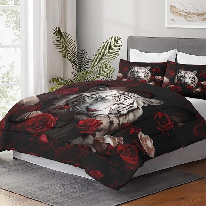 WeCozy Full Size Comforter Set with 2 Pillowcases, White Tiger Wild Animal 3 Pcs Bedding for Kids and Adults, Beautiful Red Rose Flower Soft Comforter Set for Bedroom Bed Decor