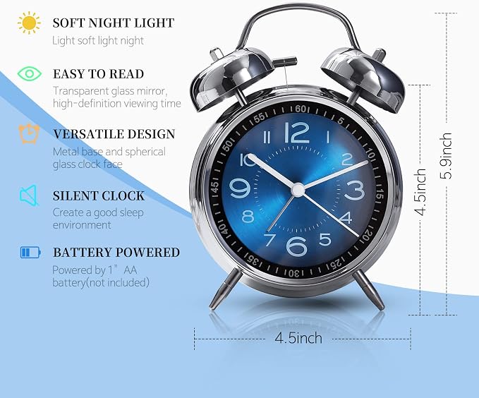 Tetino Super Loud Alarm Clock for Heavy Sleepers,4 inches Twin Bell Alarm Clock with Backlight,Battery Operated,Silent Non Ticking,for Kids,Adults,Bedrooms,Retro Decor Desk Analog Clocks. (Blue)