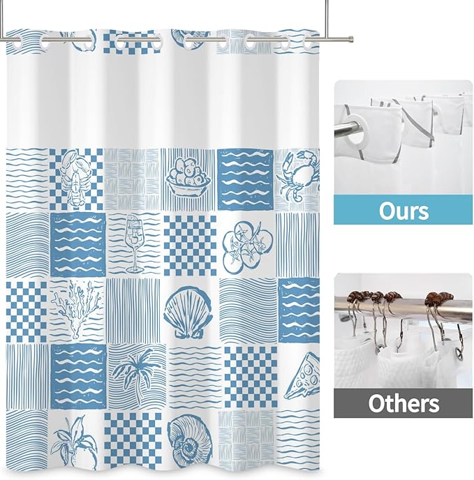 No Hook Shower Curtain Summer Blue Double-Layered Shower Curtains with Snap in Fabric Liner Tropical Fruits and Marine Life Curtains for Bathroom Waterproof Polyester Cloth 71x74 Inch