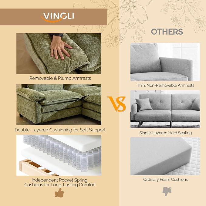 VINGLI 87" Convertible Sectional Sofa,L-Shaped Deep Seat Sofa Couch for Living Room,Modern 2-Seat Loveseat Sofa with Ottoman for Small Space(Olive Green)