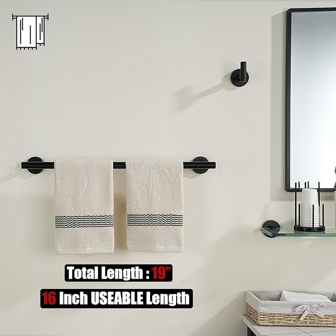 JQK Towel Bar Matte Black, 19 Inch 304 Stainless Steel Thicken 0.8mm Towel Rack Bathroom, Towel Holder Wall Mount, Useable Length 16 Inch TB110L16-PB