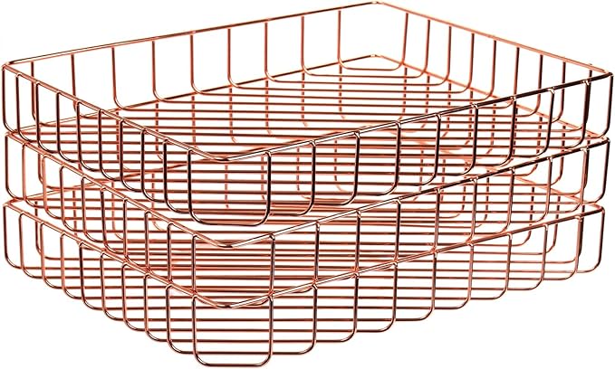 Okllen 3 Pack Wire File Tray, Rose Gold Desk Paper Letter Tray, Magazine Files Storage Basket Organizer Bin for Office, Pantry Home, Classroom, School