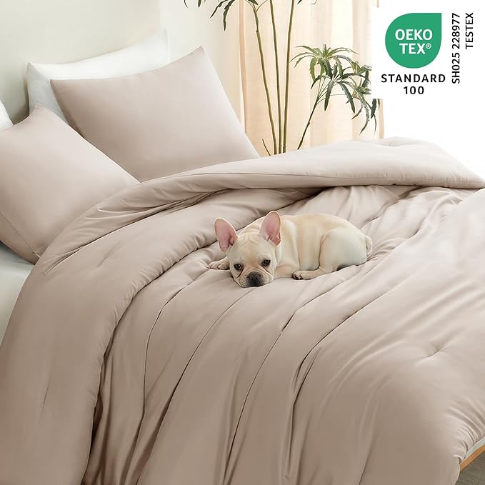 CozyLux Full Size Comforter Set Wheat, 3 Pieces Lightweight Down Alternative Quilted Bedding Sets, All Season Soft Breathable Solid Comforter with 2 Pillowcases, Luxury Bed Set Gift for Home