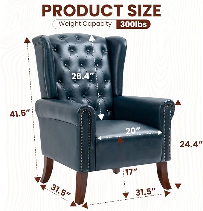 Faux Leather Accent Chair, Mid-Century Armchair Upholstered Club Sofa Chair with Wooden Legs, High Back Living Room Chair for Bedroom, Office, Lounge (Blue)