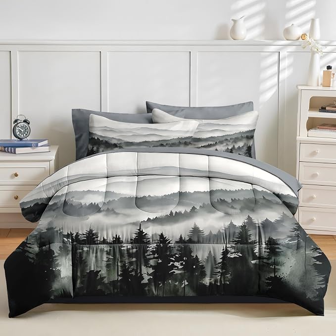 Nesker Comforter Set Twin Size, Ink Forest 5 Pcs Bedding for Kids and Adults, Misty Mountains Bed Sheet Sets with Fitted Sheet Pillowcase & Sham