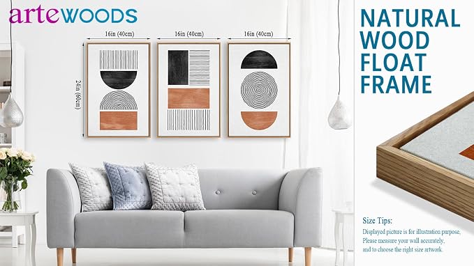 Framed Wall Art Canvas Set Mid Century Boho Pictures Modern Geometric Wall Decor Minimalist Black Brown Bohemian Abstract Painting Artwork for Living Room Bedroom Office 16"x24"x3 Natural