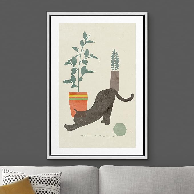 Woodrose Framed Canvas Print Wall Art Retro Black House Cat with Plants Animals Shapes Illustrations Modern Minimalist Chic Relax/Calm Multicolor for Living Room, Bedroom, Office - 16"x24" White