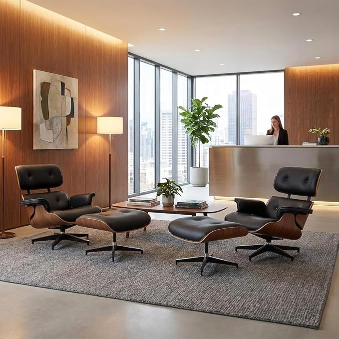 Mid-Century Modern Lounge Chair and Ottoman Set, PU Leather Accent Chair with Wood Finish, Modern Chair Classic Design Recline Swivel Reading Chair Heavy Duty Base Support for Living Room, Office