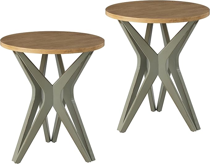 LONYKE Pedestal Farmhouse End Table Set of 2, Distressed Top with Tripod Base Bedside Table for Living Room, Modern, Boho, Round, Sage Green