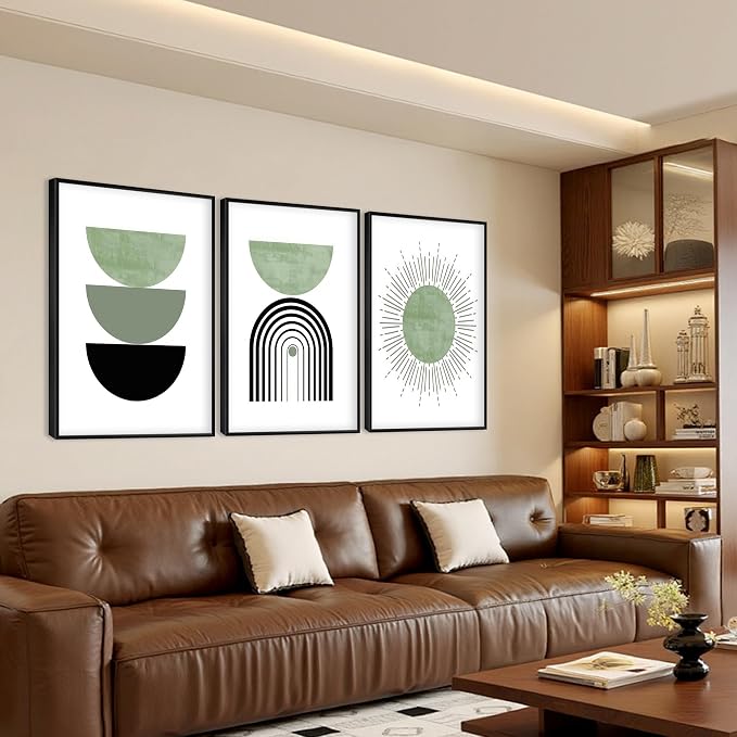 Black Frame Boho Abstract Geometric Wall Art Mid Century Canvas Wall decor Sun and Moon Paintings Prints Green Minimalist Art for Living Room Bedroom Office Decor( 12 x 16 in Black Alloy Framed)