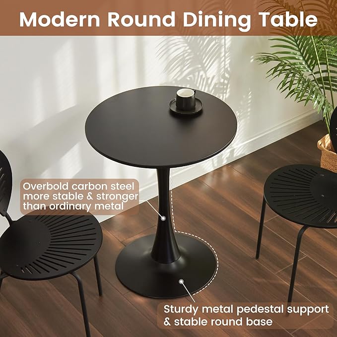 Round Dining Tulip Table for 2, Mid-Century Modern Table with Sturdy Metal Pedestal for Kitchen, Bistro, Cafe, Leisure (Black, 24 INCH)