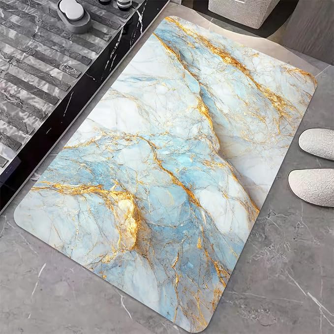 Diatomaceous Earth Bath Mat,Blue, White and Gold Marble Non-Slip Volume Super Absorbent Fast Drying for Bathroom Kitchen Door mat,Eco-Friendly Easy to Clean 17×27.5Inch (43 * 70cm)