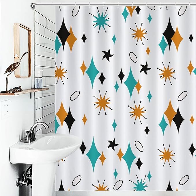 Mid Century Shower Curtain for Bathroom, Vintage Teal Orange Abstract Geometric Atomic Iconic Modern Retro 1950s 1960s Rustic Waterproof Fabric Shower Curtain Set with Hooks, 72"x84"