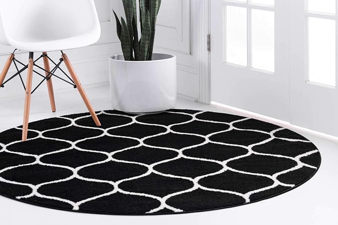 Unique Loom Trellis Frieze Collection Area Rug - Rounded (4' 1" Round, Black/ Ivory)