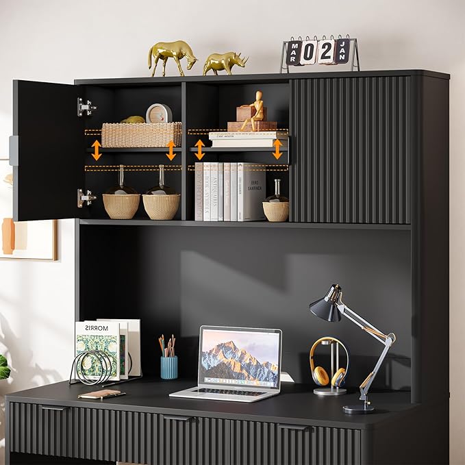 Vabches 67" H Executive Desk with Fluted Drawers,4 Drawers Fluted Computer Desk,Wood Workstation with Hutch and Barn Doors for Work and Study,Pure Black