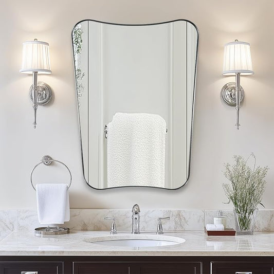 ANDY STAR Brushed Nickel Asymmetrical Wall Mirror, 24x32 Inch Bathroom Vanity Mirror, Butterfly Shaped Designer Mirror Ideal for Home Remodel, Anti-Rust Stainless Steel 1’’ Thin Frame