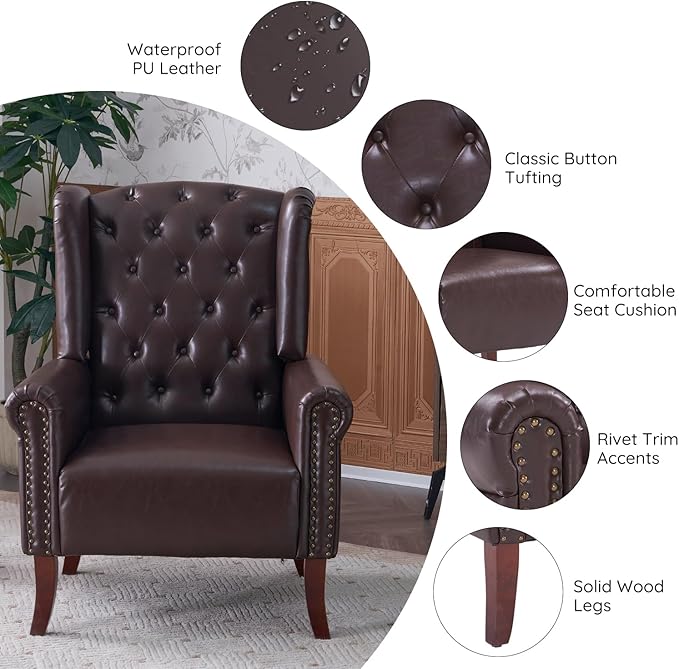 MOJAY PU Leather Accent Chair, Mid-Century Living Room Sofa Chair, Upholstered Arm Chair with Sturdy Wooden Legs, Faux Leather Club Chair for Bedroom Study Home Office Reception (Caramel)