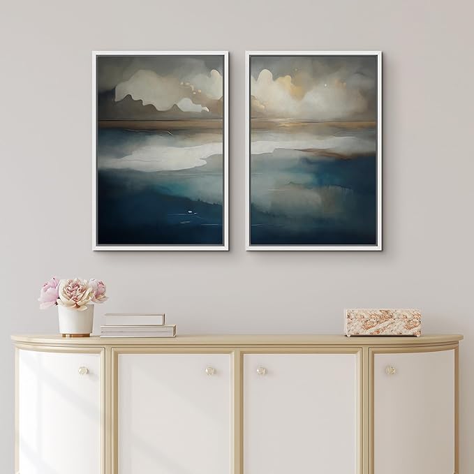IDEA4WALL Framed Canvas Print Wall Art Set Ocean Cloudscape Blue and Beige Abstract Seascape Illustrations Modern Art Decorative Bohemian Calm/Zen for Living Room, Bedroom, Office - 16"x24"x2 White