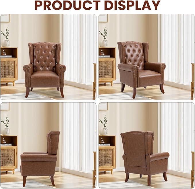 PU Leather Accent Chair Set of 2, Modern Upholstered Living Room Chair Sofa Chair with Wooden Legs, Wingback Armchair Club Chair for Bedroom,Study Room, Lounge (Brown)