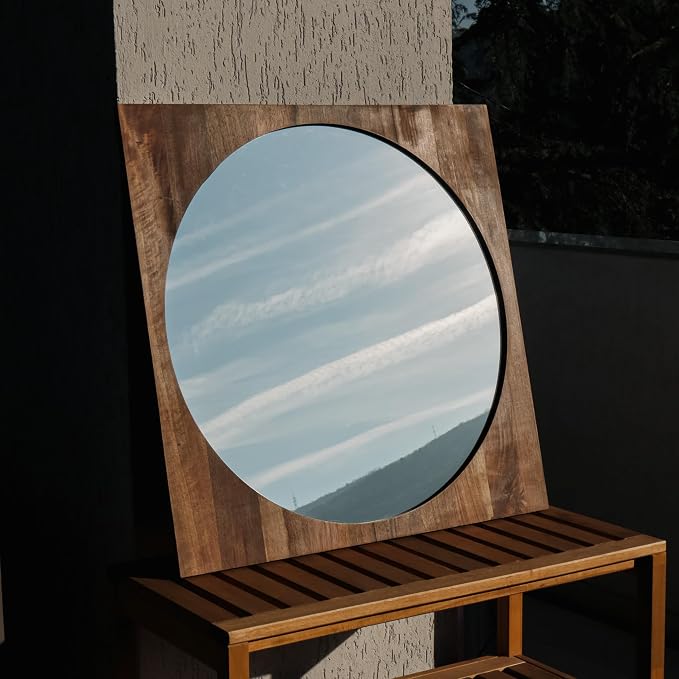 Walnut Wood Frame Round Mirror - 24" Wood Framed Mirror for Bathroom - Hallway Mirrors for Wall Entry - Mirrors for Entryway, Bedroom, Dining Room - Housewarming Gifts - Home Décor