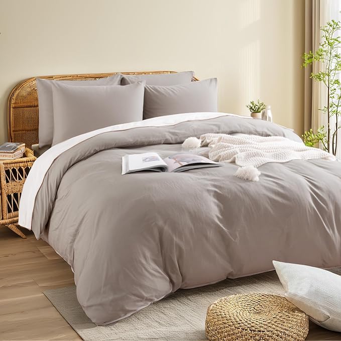 NEXHOME PRO Duvet Cover Set 100% Washed Cotton Super King 108"x98", Organic Natural Linen Look Textured 3 Pieces Bedding Set Warm Linen Grey with Zipper Closure, Breathable and Soft (No Comforter)