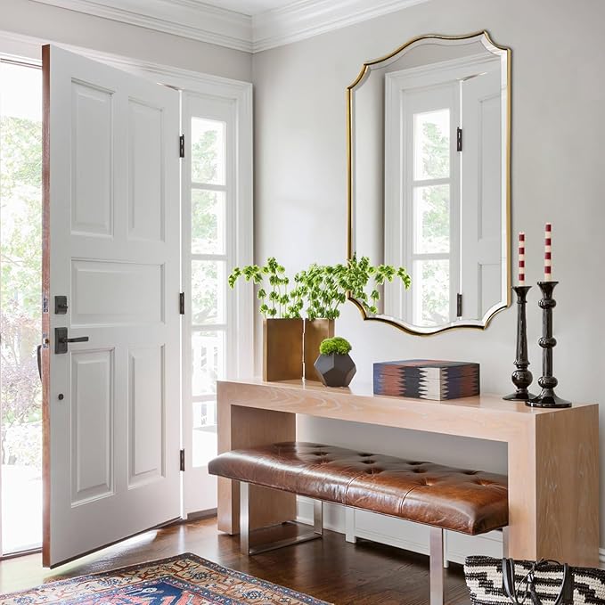POZINO Brushed Gold Beveled Mirror, 24"x40" Scalloped Vanity Mirrors for Over Sink, Modern Irregular Wavy Bathroom Mirrors, Brass Rectangle Wall Mirror for Living Room Bedroom Fireplace Entryway