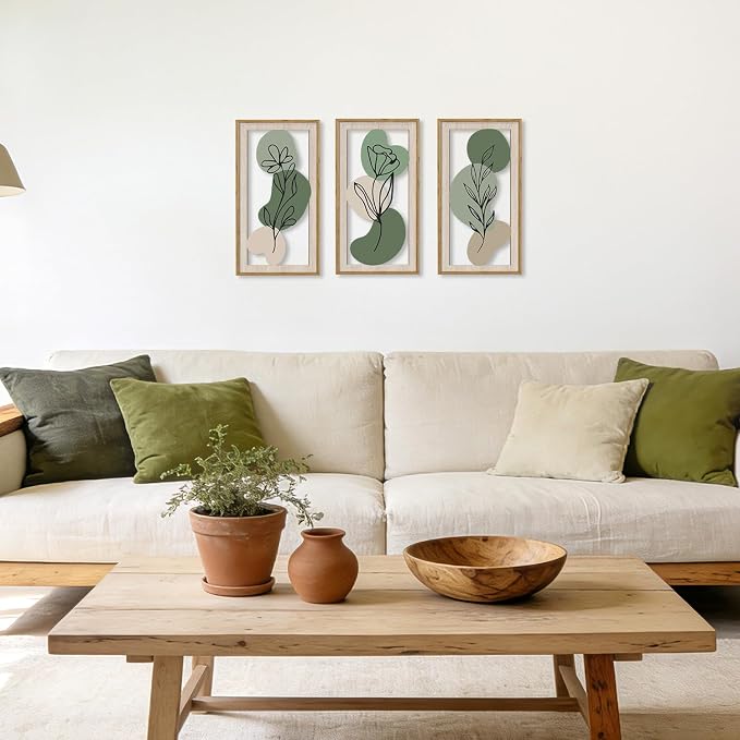 HPNIUB 3 PCS Minimalist Floral Wall Decor, Boho Green Geometric Hanging Wood Sign for Living Room, 8x16Inch Modern Bohemian Botanical Leaf Wooden Plaque for Apartment Bedroom Office Decoration