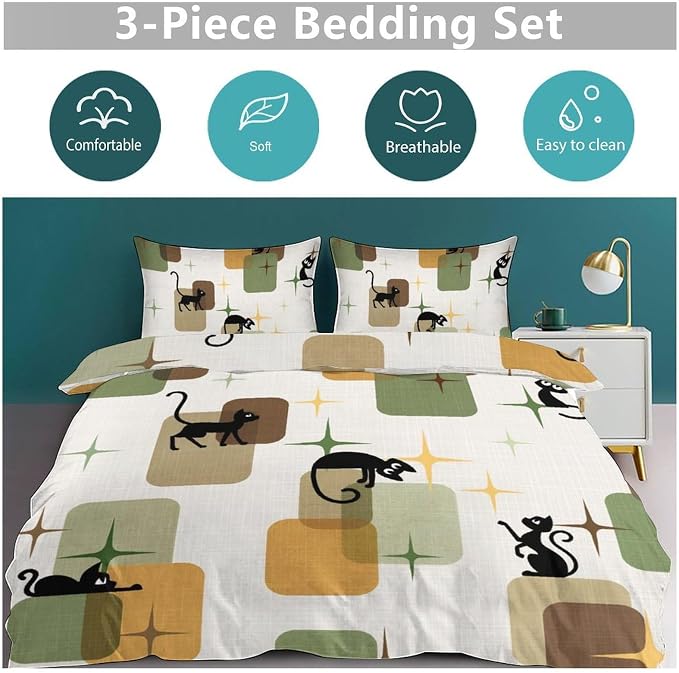 Retro Black Cat Bedding Set,Mid Century 1950s 1960s Abstract Atomic Colorful Geometric Pattern Modern Comforter Set with Pillowcase for Bedroom Bed Decor，Twin 86"x70"