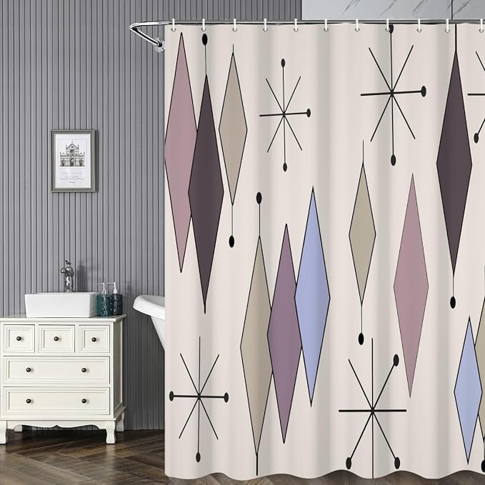 Mid Century Shower Curtain Abstract Purple Diamond Geometric Atomic Starburst Pattern Beige Backdrop for 1950s Retro Bathroom Decor Accessories Shower Curtain Set with 12 Hooks, 72x72 Inches