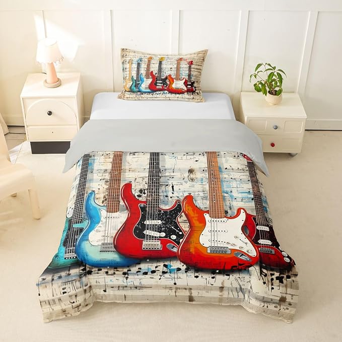 Erosebridal Chic Guitar Comforter Cover Twin Retro Musical Staves Pattern Bedding Set Rock Music Lovers Room Decor Duvet Cover,Rustic Musical Notes Bed Set