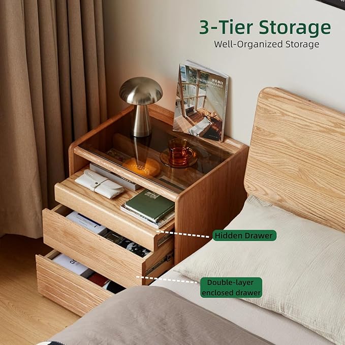YESWOOD Solid Oak Nightstand with Hidden Drawers, Natural Wood Night Stand with Wheels, Rolling Bedside Table with Glass Tabletop and Open Shelf, Modern Nightstand for Bedroom, Living Room(25.59" H)