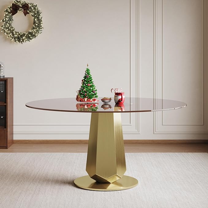 Montary 53 inch Luxury Round Dining Table with Smoked Glass Top, Modern Kitchen Table for 4-8 People, Gold Stainless Steel Base & Easy Assembly, Space Saving Breakfast Table for Apartments